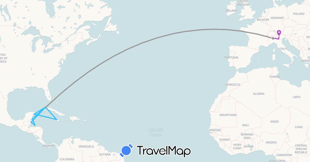 TravelMap itinerary: driving, bus, plane, train, hiking, boat in Belize, Cuba, Honduras, Italy, Jamaica, Cayman Islands, Mexico (Europe, North America)